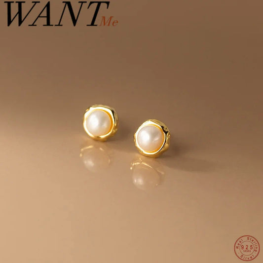 WANTME 925 Sterling Silver Simple Natural Baroque Pearl Korean Stud Earrings for Women Fashion Moon Surface Statement Jewelry
