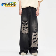 Men's Ripped Black Jeans Harajuku Wide Leg Pants Denim Baggy Y2K Cargo Pants