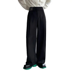 Buckle Loose Casual Wide Leg Suit Pants Male Japan Korean Streetwear Fashion Chic Straight Trousers