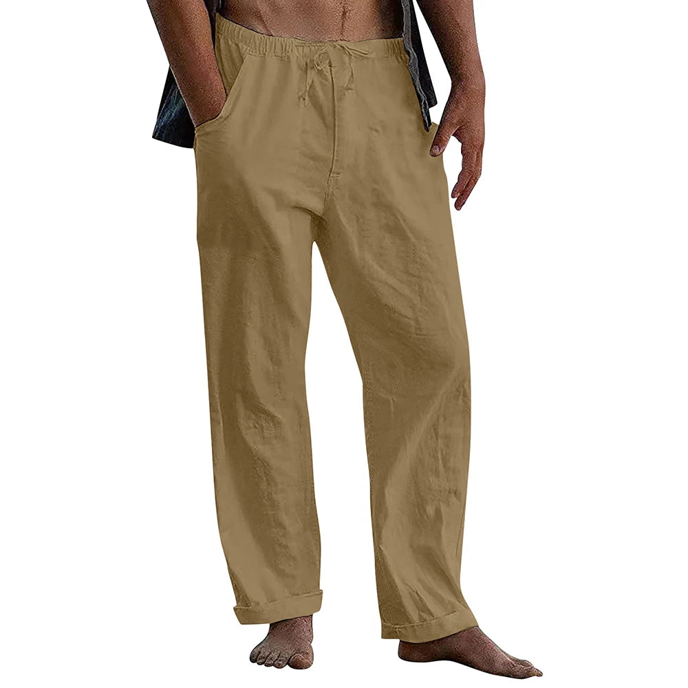 Men's Cotton Linen Pants Male Autumn New Breathable Solid Color Linen Yoga