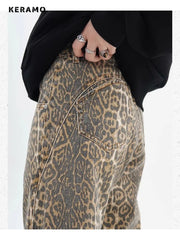 Vintage Leopard Print Jeans Women Spring Oversize Casual Hip Pop Wide Leg Trouser