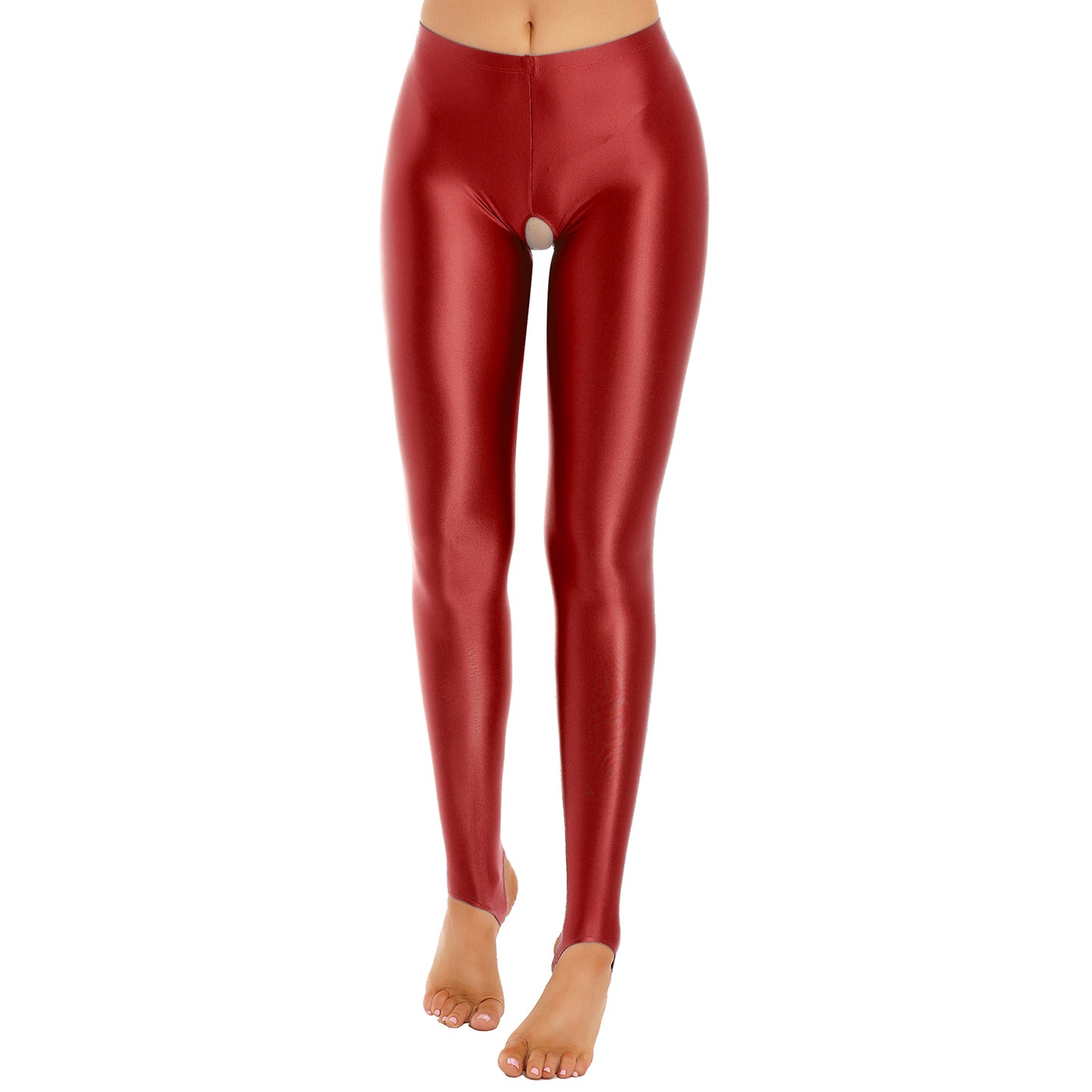 Womens Lingerie Glossy Open Crotch Stirrup Tights Leggings Stretchy Smooth Mid Waist