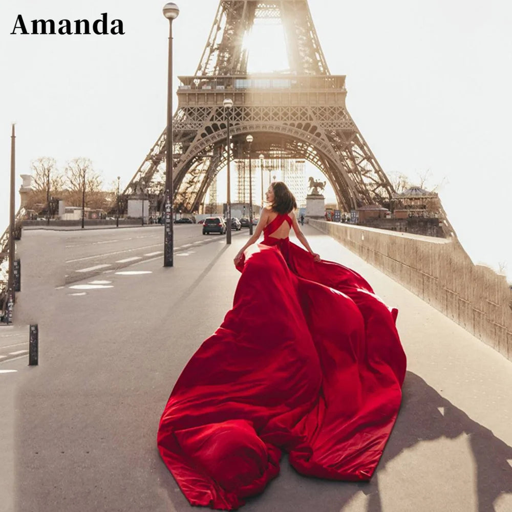 Formal attire Dresses: Halter Burgundy Evening Dress Long Train Prom Dress