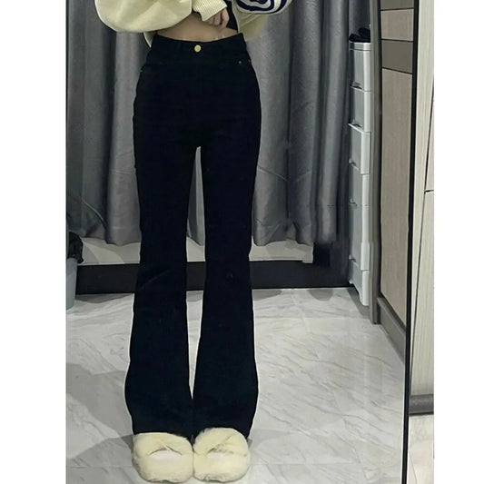 Korean Black Flare Jeans Women Vintage Y2K Denim Pants High Waist Slim Fit Stretch