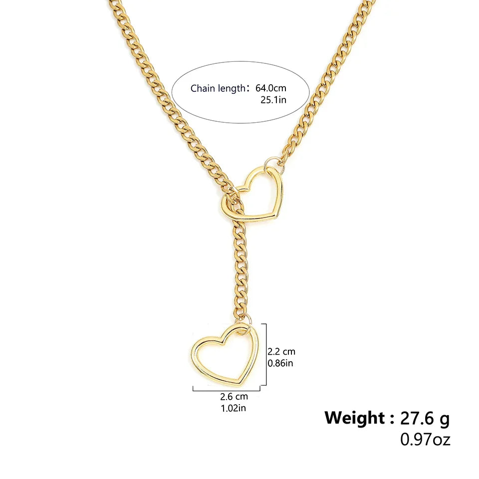 ZAKOL Adjustable Stainless Steel Cuban Link Necklace Hollow Heart Y-Shaped Necklace Punk Rock Style Party Accessories