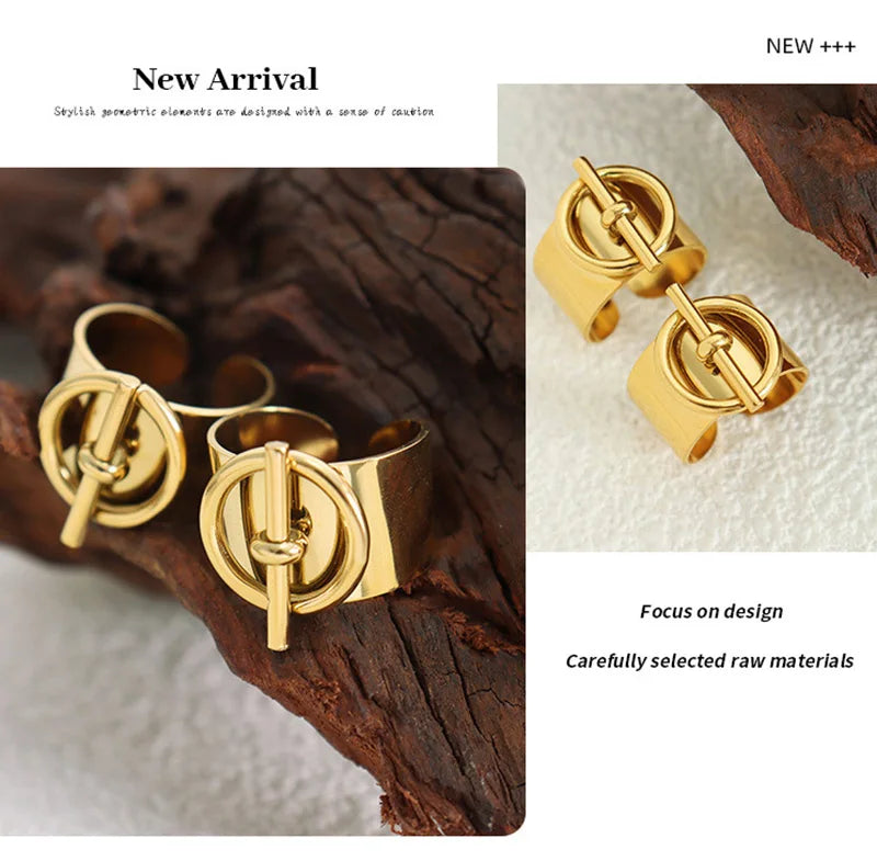 Stainless Steel Ring for Women Opening Adjustable Hip Hop Geometric Chain
