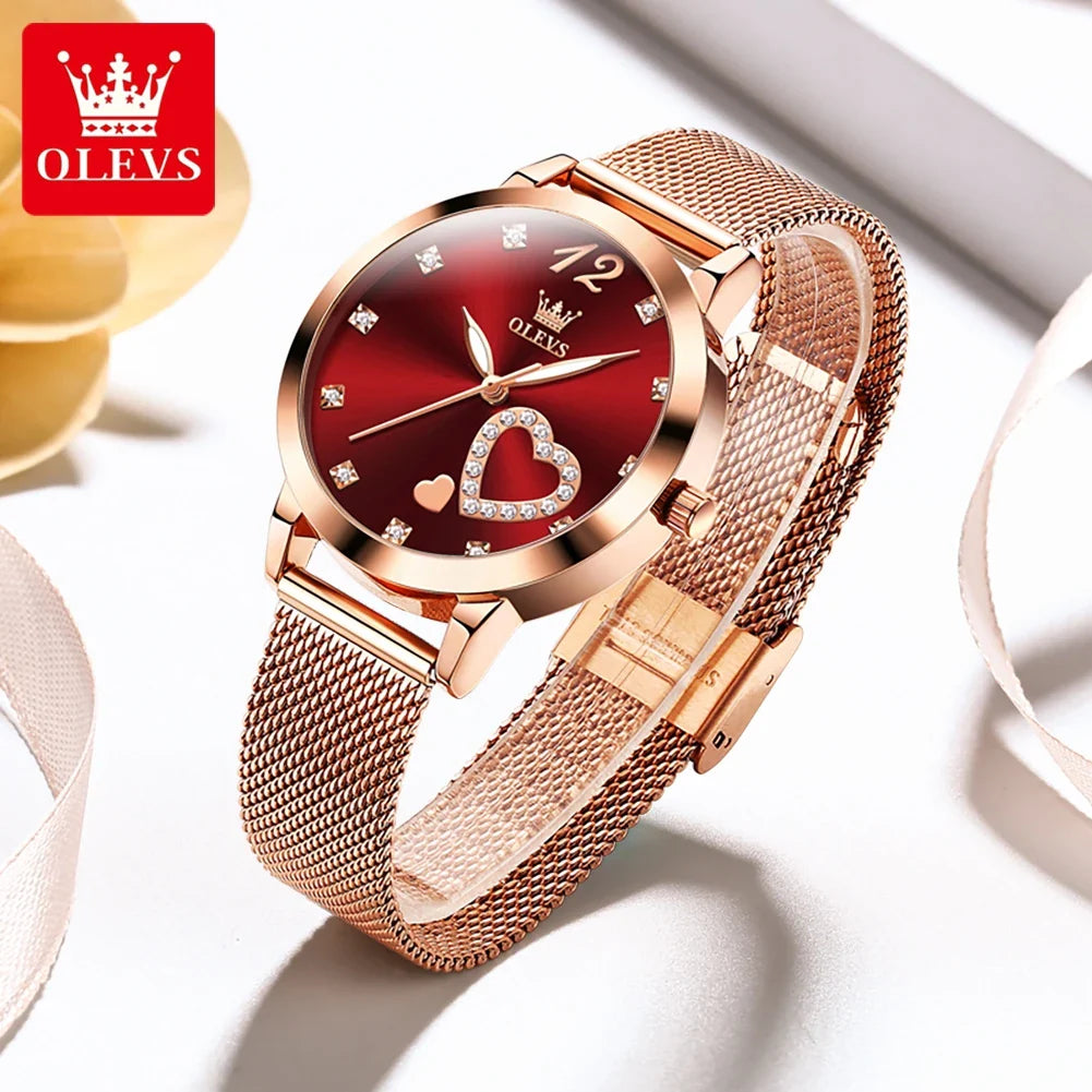 OLEVS 5189 Women's Watch Quartz Wristwatch Casual Fashion Watch for Ladies Waterproof Luminous Mesh Belt Love Dial Zircon Scale