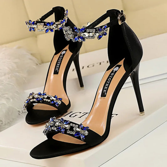 Women Fetish 9cm High Heels Crystal Sandals Lady Silk Wedding Bridal Heels Rhinestone Glitter Luxury Stripper Satin Strap Shoes
