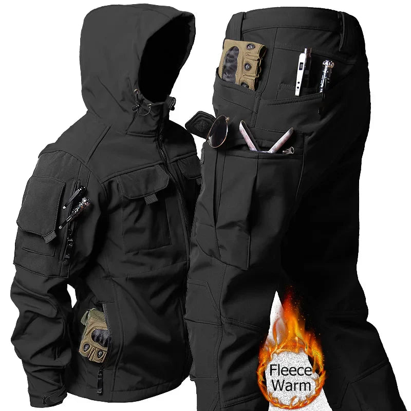 Outdoor Tactical Set Men Military Multi-pocket Hooded Work Jacket+Windproof  Waterproof Fleece Cargo Pants Winter Sharkskin Suit
