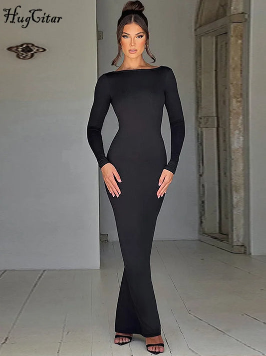 Hugcitar Spring Elegant Long Sleeve Backless Solid Cuched Bodycon Maxi Prom Dress