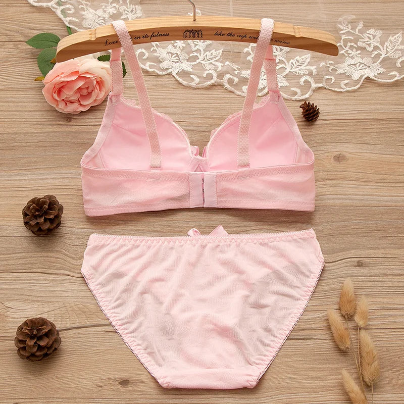 Girl Sweet Wireless Bra Lace Bows Underwear Sets Breathable Small Breast Bralette