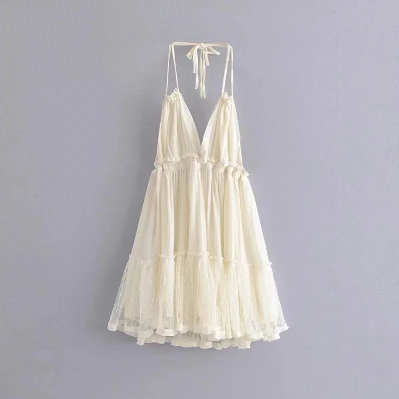 Backless Lace Patch Women Dress Sling V-Neck Female Vestidos Elegant Evening Dresses