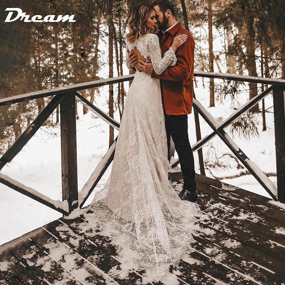 White Bridesmaid Dresses: Long Sleeves Floral Lace V Neck Boho Wedding Dress