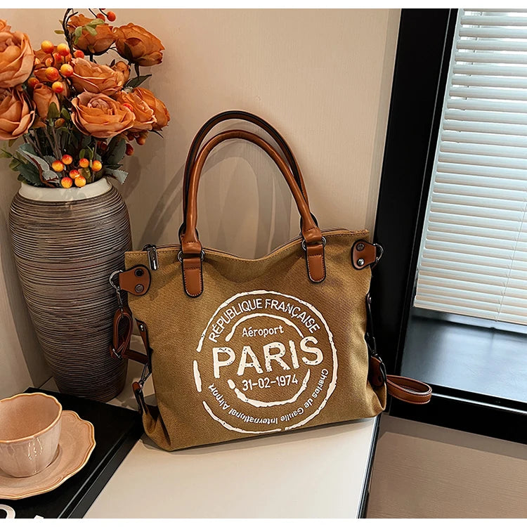 Large Retro Canvas Tote Bag Adjustable Shoulder Strap Vintage Paris Stamp Print
