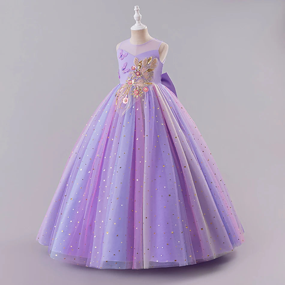 Elegant Kids Sleeveless Tulle Ball Gown Stage Performances Weddings Christmas Girls Dresses Girls Princess Party Dresses