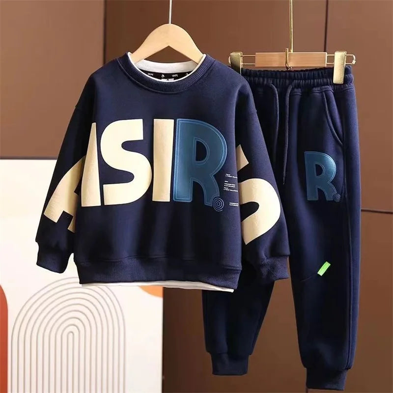 Boys Autumn Sets Children's Clothes Suit Winter Thickened Warm Outfits New Kids Letter Sweatshirt Pants 2 Piece Teen Sportswear