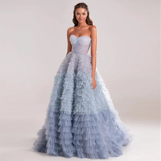 Homecoming Dresses: Blue Ombre Tiered Ruffles Evening Dresses Ball Gown