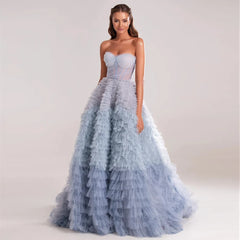 Blue Ombre Tiered Ruffles Evening Dresses Luxury Dubai Ball Gown