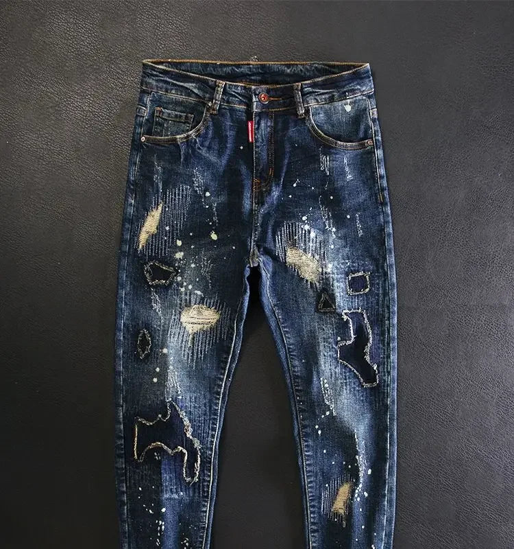 Jeans for Men Straight Cropped Trousers Graphic Motorcycle with Print Pockets Male