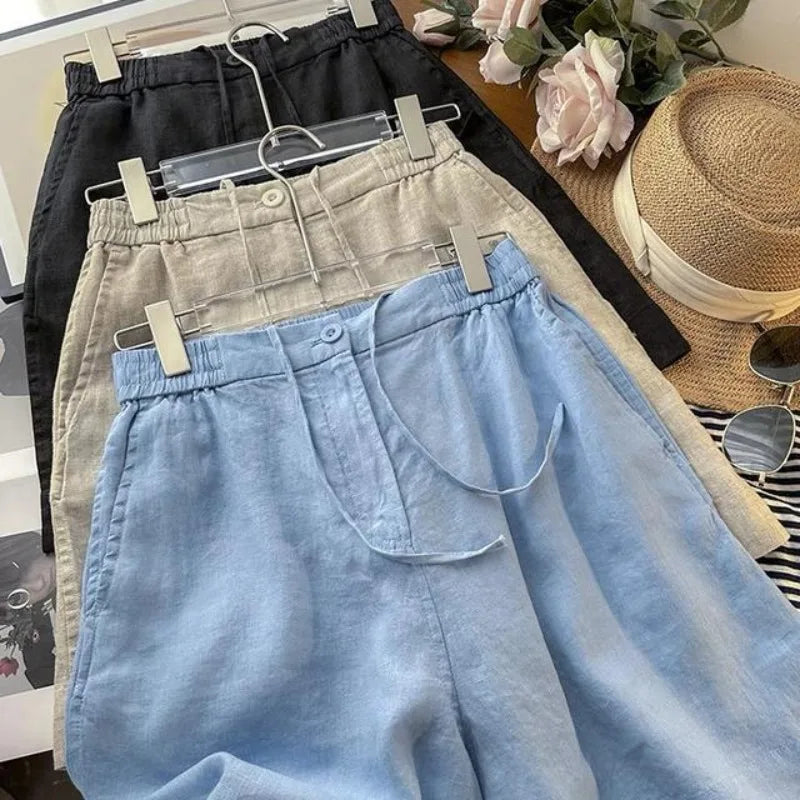 Japanese Simple Solid Color Pure Cotton Linen Casual Versatile Straight Elastic Waist Shorts Women's Middle Pants