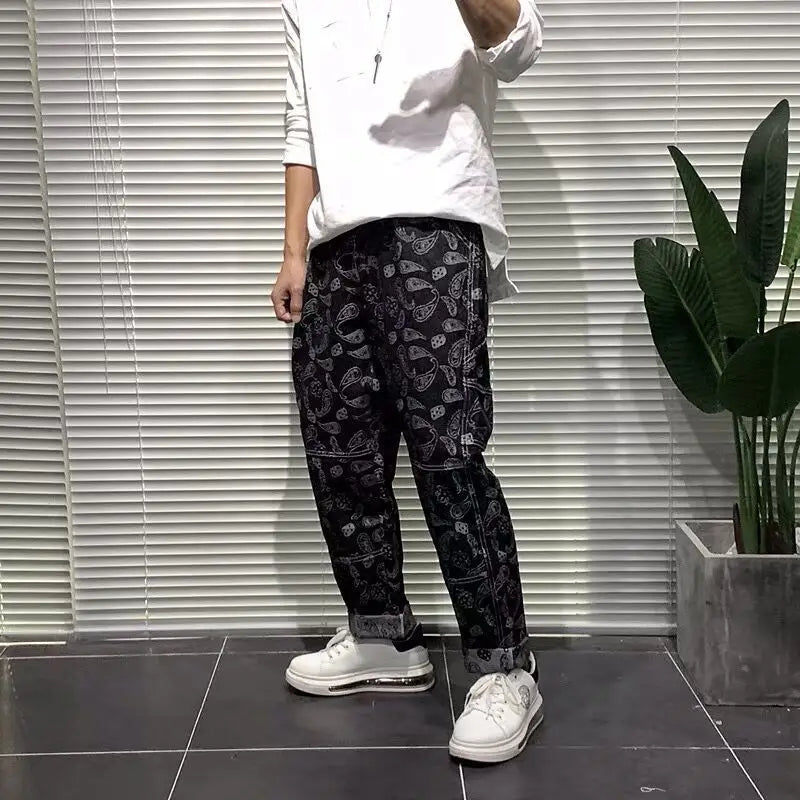 Man Cowboy Pants Black Men's Jeans Cropped Hip Hop Trousers Straight Grunge