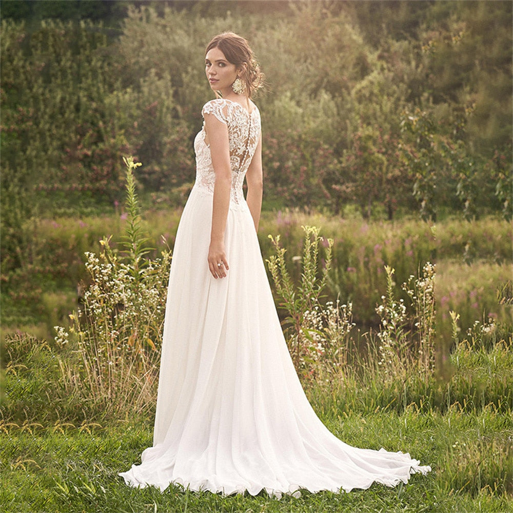 White Bridesmaid Dresses: Wedding Dress A Line Cap Sleeves Illusion Back For Women