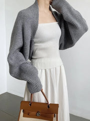 Elegant Gray Knitting Cardigan Sweater Loose Fit V-Neck Long Sleeve Women