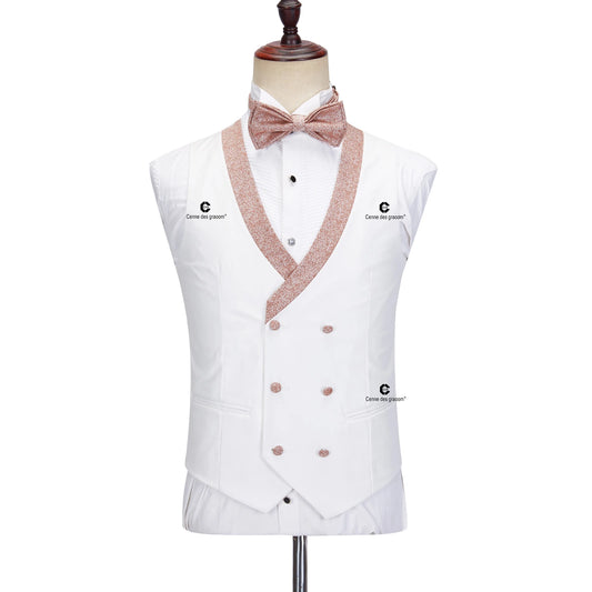 Cenne Des Graoom Elegant Suits for Men White Tuxedo Jacket Vest Pants with Bowtie