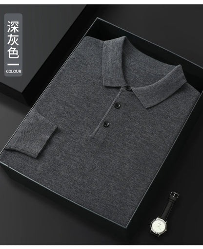 Spring Autumn Men Shirt  Merino Worsted Wool Knitted Pullover Long Sleeve Polo-Collar Clothing Tops Smart Casual Thin Outerwears