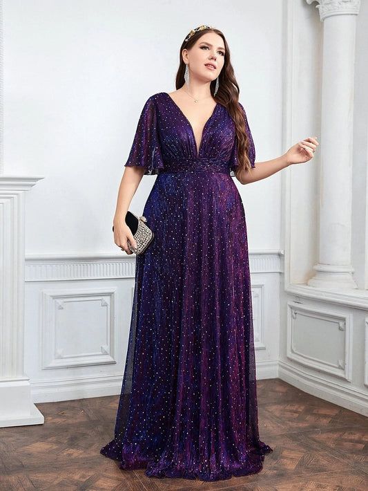 Wedding Bridesmaid Dress For Plus Size Female Fashion Plunging Neck Butterfly Sleeve Glitter Party Dresses Large Size Lady Dress