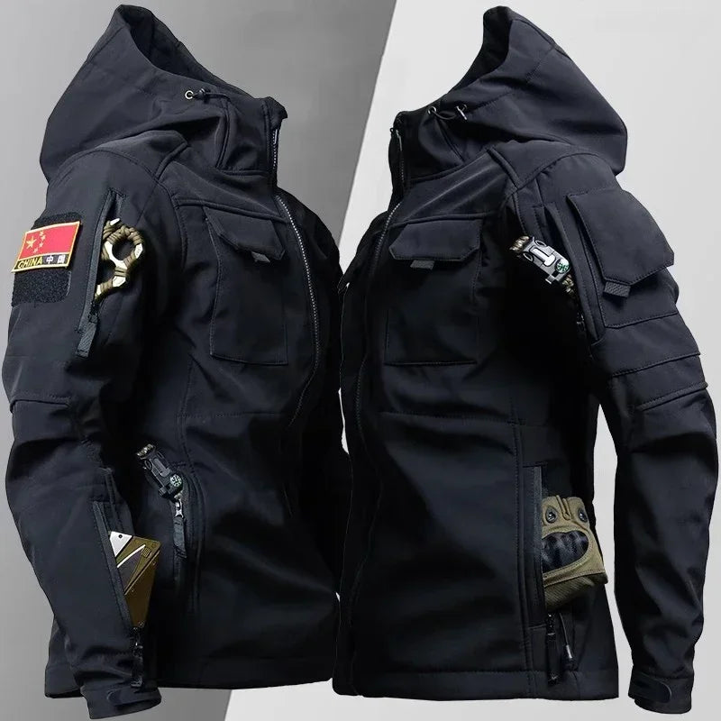 Mens Thicken Tactical Set Windproof Waterproof Outdoor Suit Soft Shell Multi-Pocket Hooded Jackets+Fleece Work Pants 2-piece