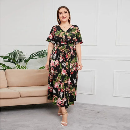 plus size New best-selling oversized loose V-neck dress for women with elastic waist  short sleeved printed long skirt