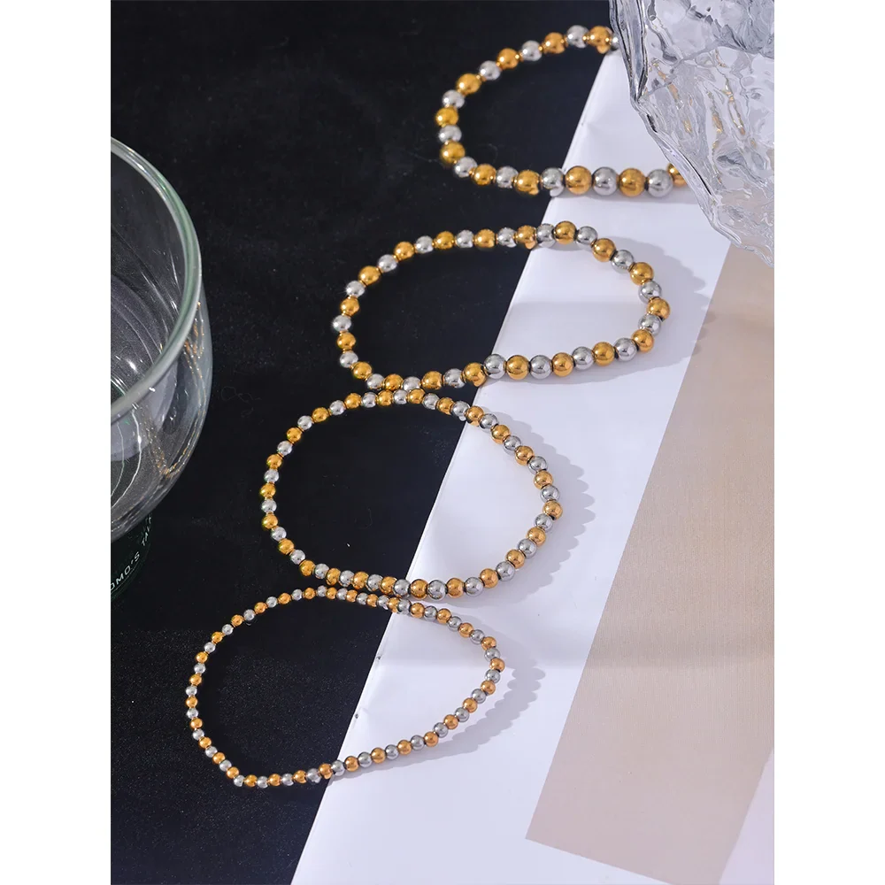 Yhpup 3/4/5/6 MM Stainless Steel Beads Daily Handmade Elastic Bracelet Bangle Waterproof Wrist Wholesale Gold Color Jewelry Men