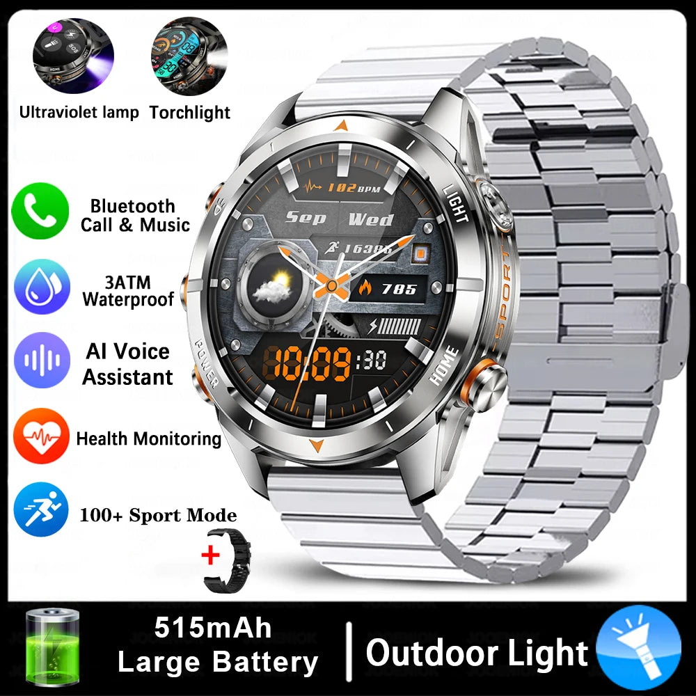 Military Smart Watch Men 10ATM Waterproof 1.46" AMOLED Screen LED Flashlight 515mAh Battery Heart Rate Sport BT Call Smartwatch