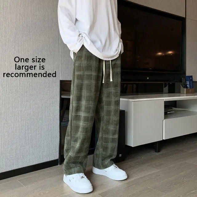 Men Checkered Casual Pants Loose Straight Corduroy Pants Sweatpants Man Fashion