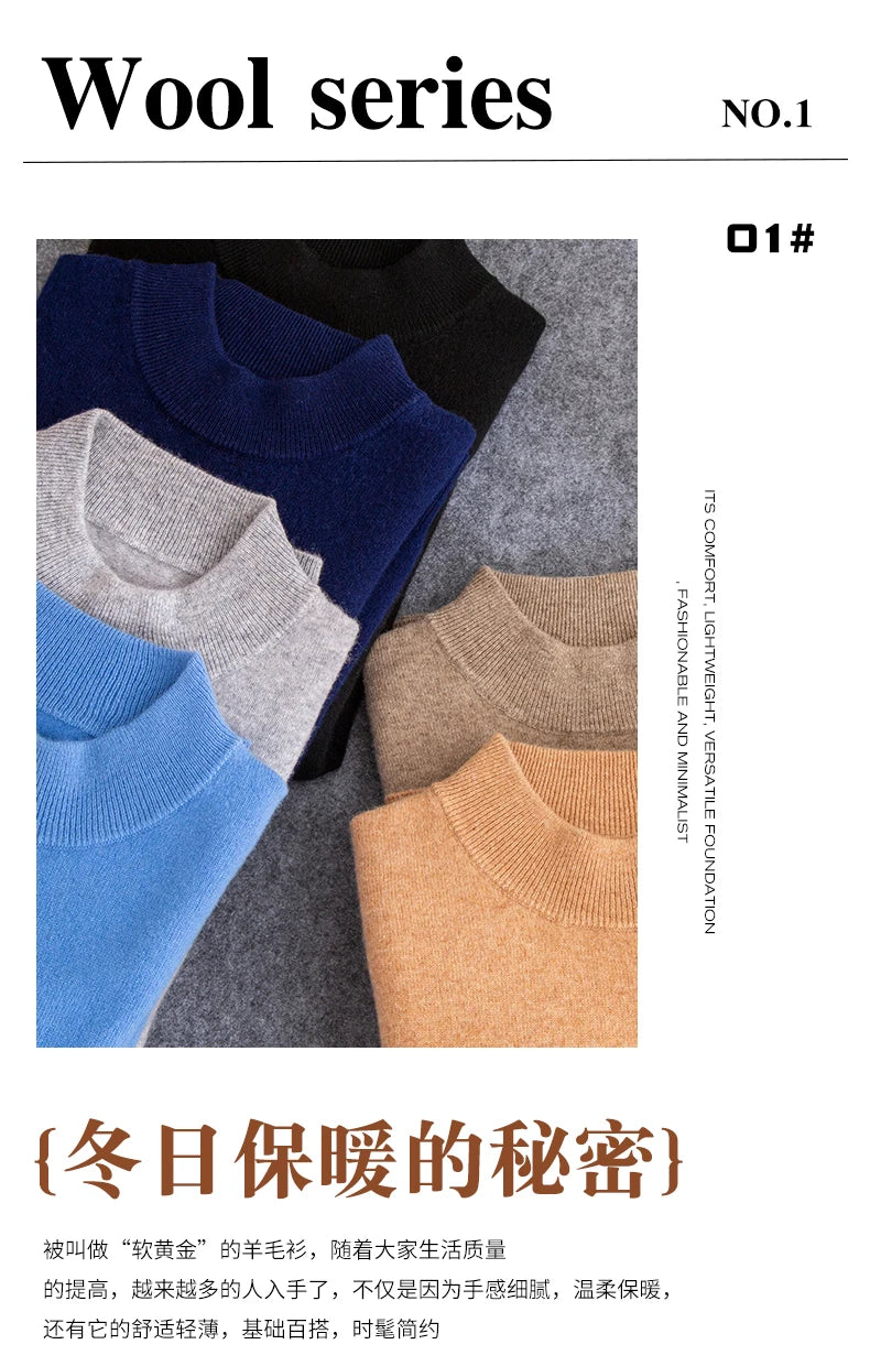 Fashion Men's 100% Wool Pullover Half-high Collar Sweater Autumn Winter Warm Top