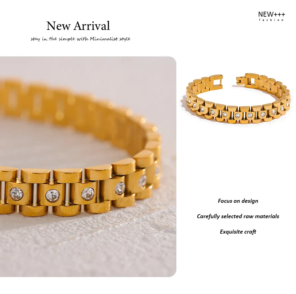 Yhpup 18cm Stainless Steel Imitation Pearls PVD Gold Plated Thick Cuban Chain Charm Bangle Bracelet Fashion Jewelry Wome