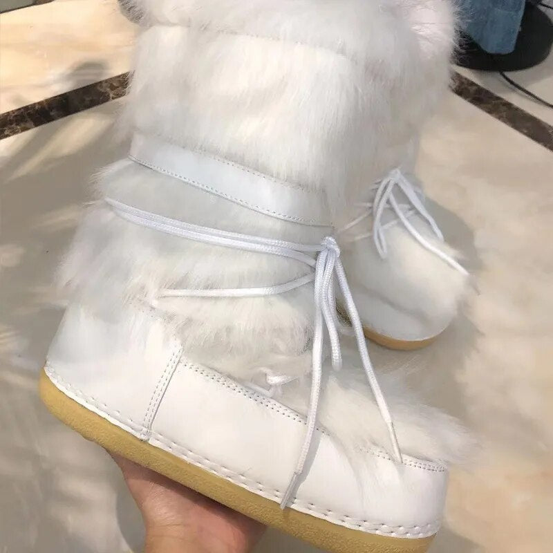 Winter Snow Boots Women Ski Boots Fluffy Hairy Lace Up Middle Calf Platform Flat