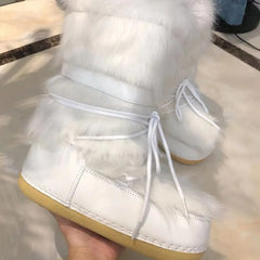 2023 Winter Snow Boots Women Ski Boots Fluffy Hairy Lace Up Middle Calf Platform Flat With White Ski Boots