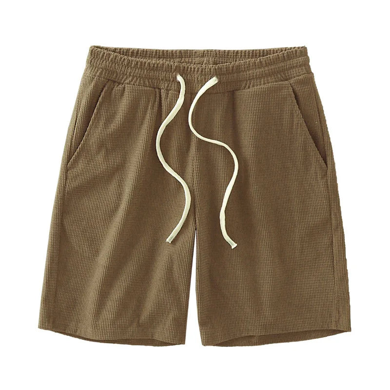 Men Shorts Solid Color Mid Waist Summer Motion Waffle Texture Deep Crotch Drawstring Male Shorts Loose Knee Length Casual Short