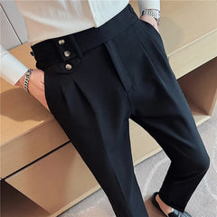 British Style Pants Men High Waist Belt Design Casual Slim Formal Office Dress Pant