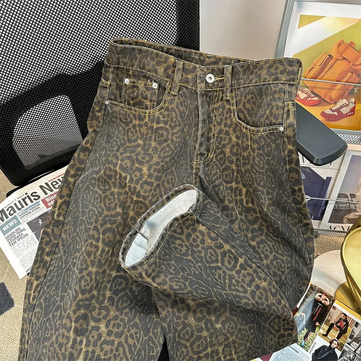 Retro Spring Trendy Leopard Print Jeans Women's American High Street Trousers