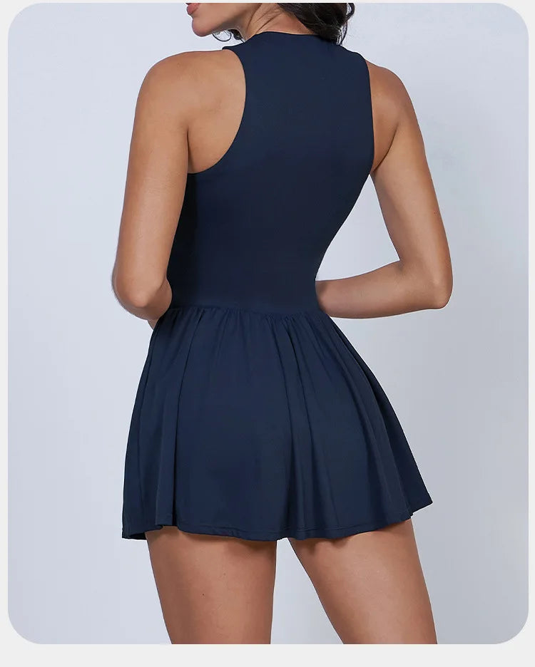 BIANHUI Women's Summer Sundress Fake Two-Piece Stand Collar Dress Running Anti-Exposure Base Layer A Flared Tennis Skirt