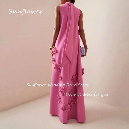 Sunflower Crepe A-line High neck 3D Flowers Saudi Elegant Prom Gown