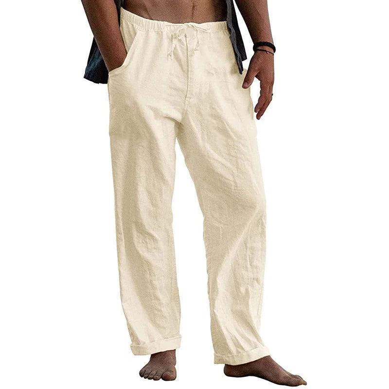 Men's Cotton Linen Pants Male Autumn New Breathable Solid Color Linen Yoga