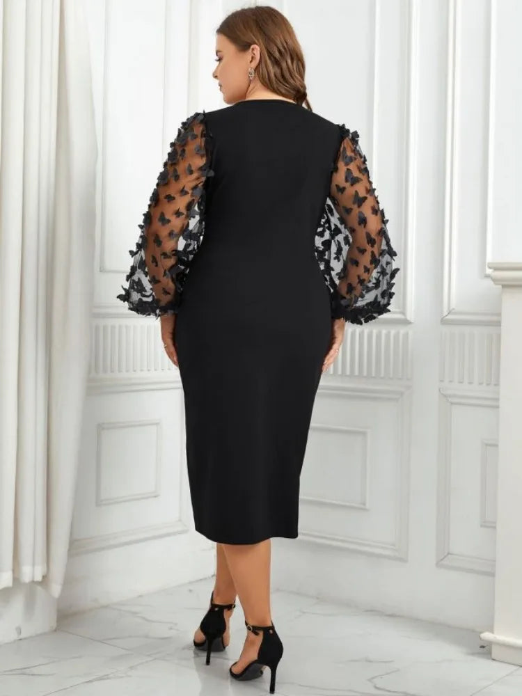 Plus Size Side Split Women Dresses V Neck See Through Puff Long Sleeves Autumn Fall Sprimg Robe Solid Button Female Clothing
