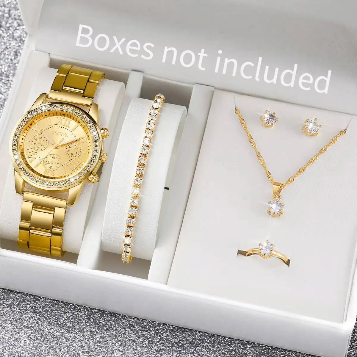 6PCS/Set Fashion Rhinestone Women Watches Analog Quartz Wrist Watch Jewelry Set Reloj Mujer（Without Box）