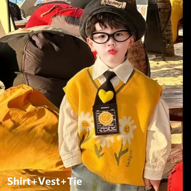 Shirt Cartoon Print Vest 3Pcs Set or With Retro Splash Ink Doodle Jeans Trendy Korean Streetwear 4pcs Outfit for Boys Gift Tie