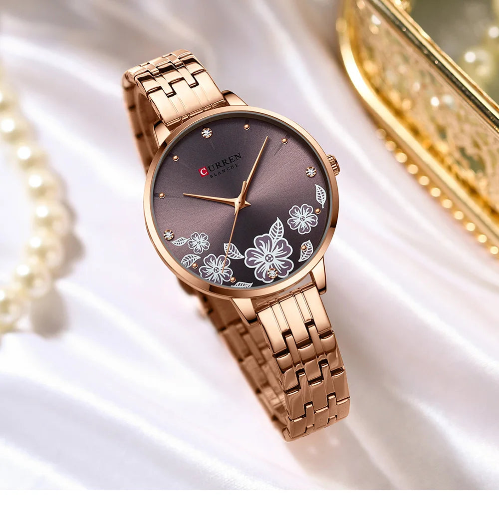 CURREN Fashion Quartz Wristwatches for Women Simple Stainless Steel Watch Bracelet with Flower Design Dial
