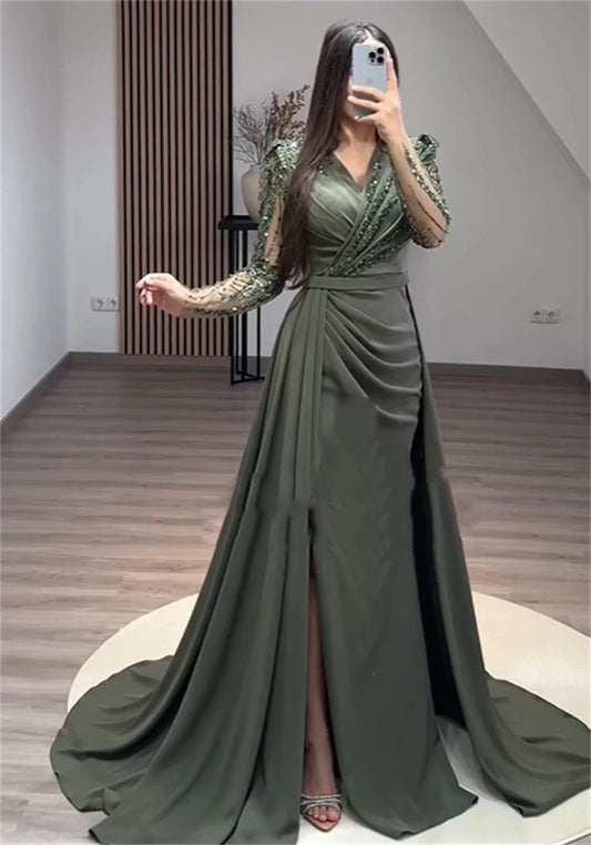 Homecoming Dresses: V-neck Sheath Celebrity Sequin Flowers Fold Satin Prom Dresses